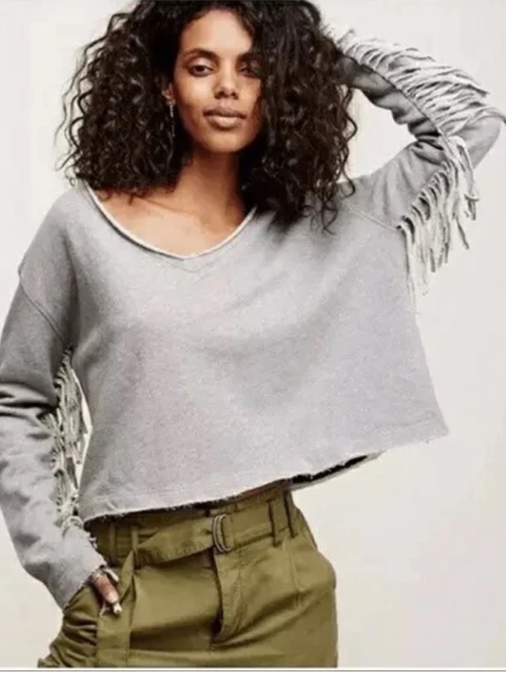 Free People Gray Fringe Sleeve Cropped Sweatshirt Boho Raw Hem XS